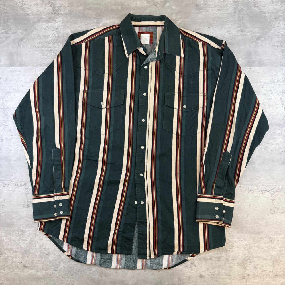 Rustler by Wrangler Mens Large Western Pearl Snap Striped Shirt Green WM3011M